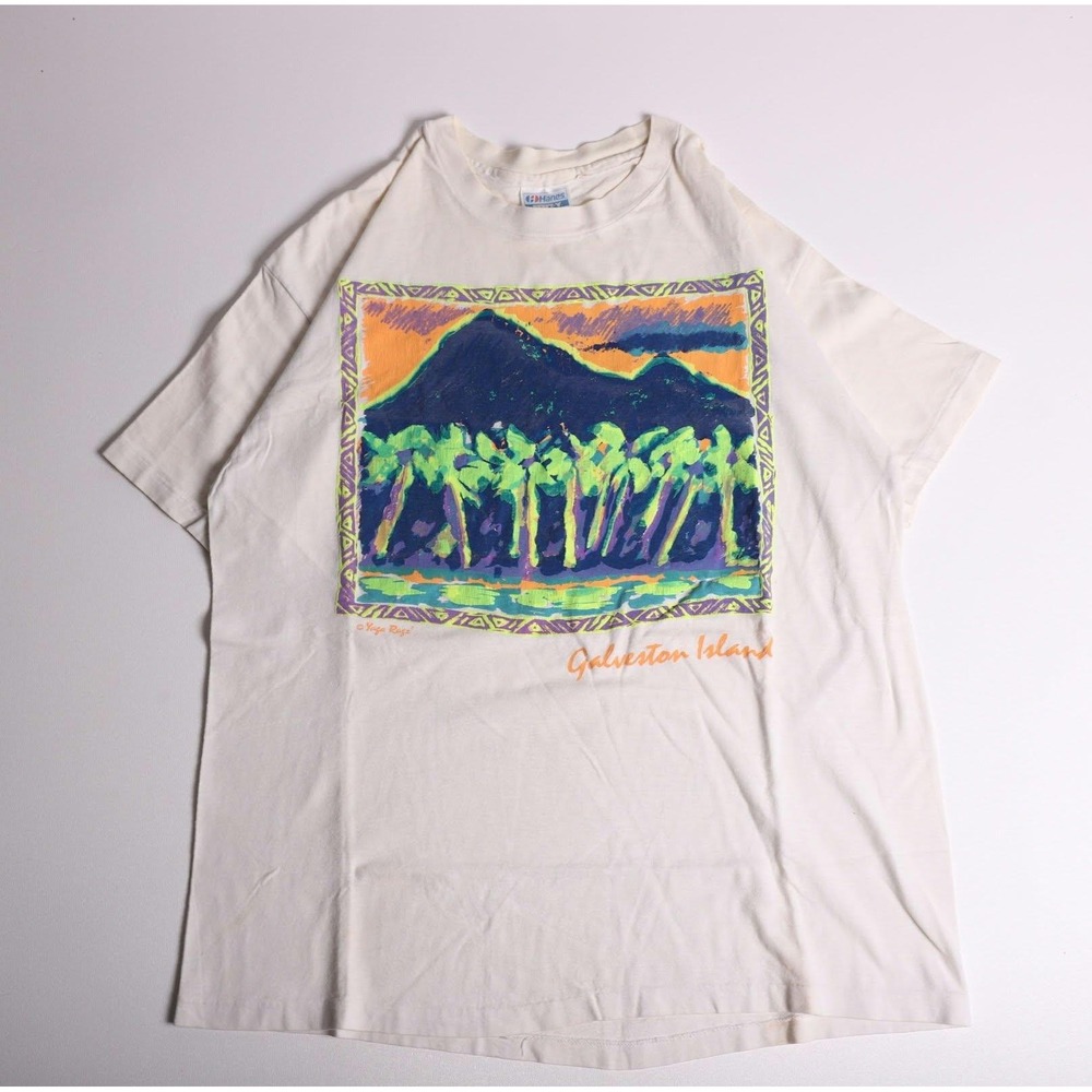 Vintage Hanes Beefy-T Galveston Island Yaga Ragz Neon Graphic T-Shirt XL USA